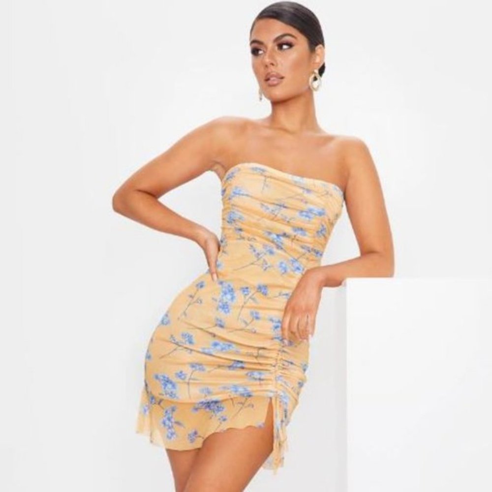 Yellow Ditsy Floral Mesh Ruched Frill Edge Bandeau